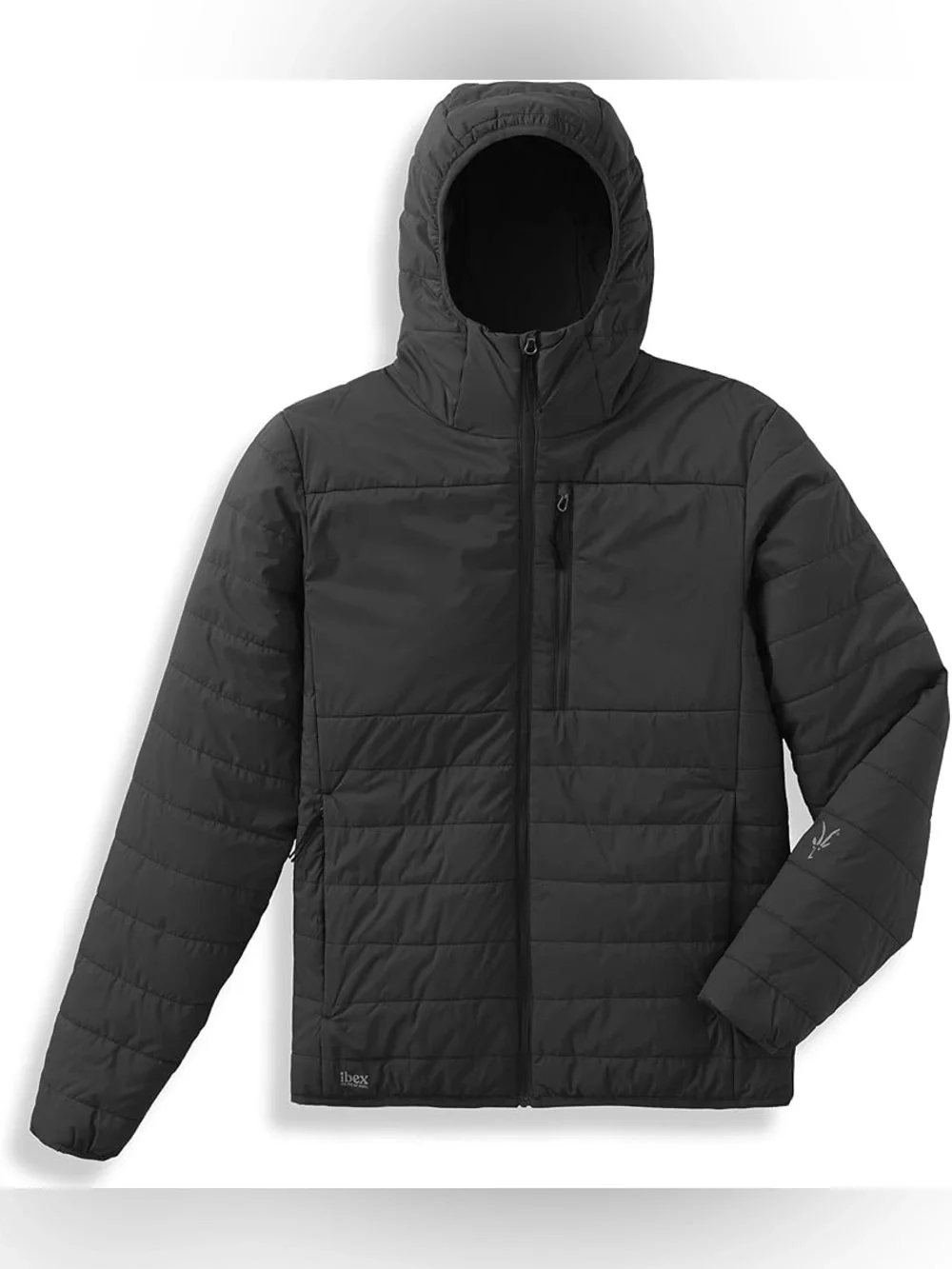 ibex Men's merino wool Aire lightweight Black Hooded Puffer Jacket • Large